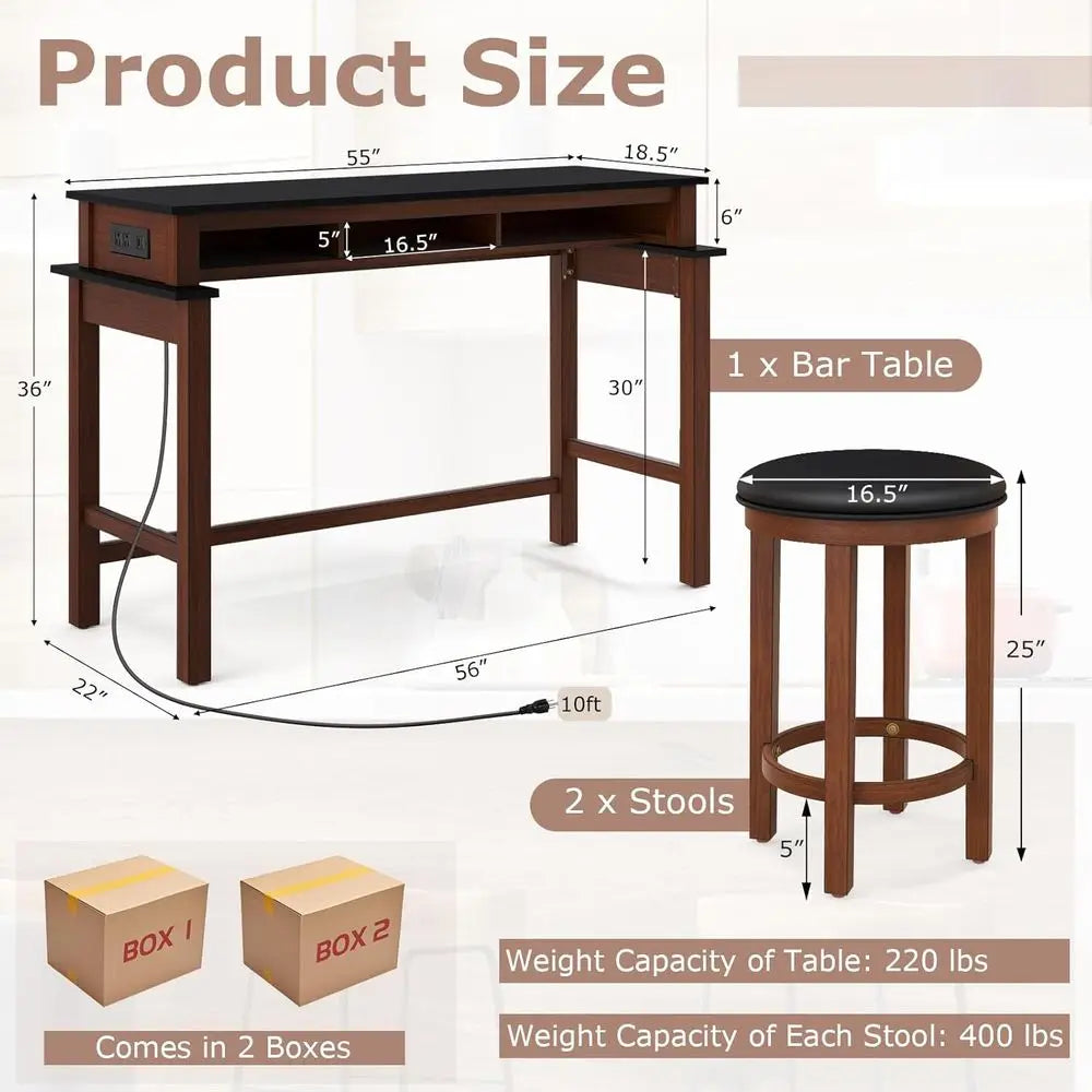 36 Counter Height Bar Table Set with 2 Upholstered Stools, Power Outlet, Ideal for Pub, Kitchen, Dining, Living Rooms, Small Spa