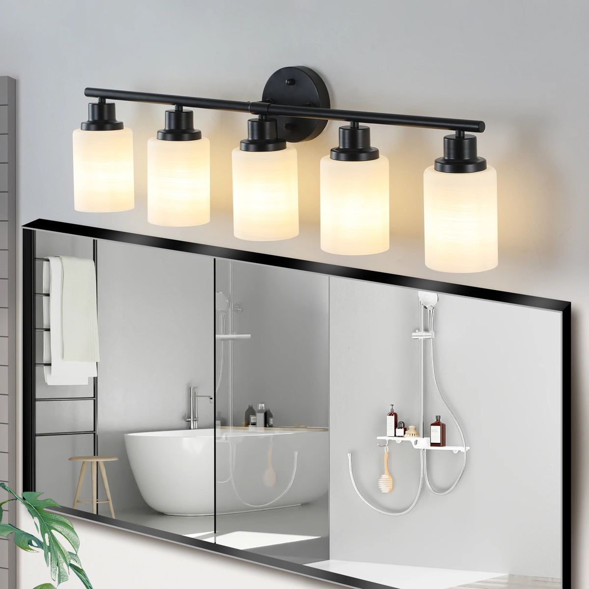 Modern Bathroom Wall Mount Lights 5 Lights Bathroom Vanity Lights Black Bathroom Mirror Light Fixtures With Milky Glass Shades