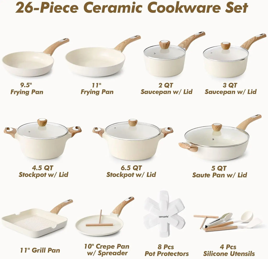 26-Piece Ceramic Nonstick Cookware Set, Induction Compatible Pots and Pans for Healthy Cooking