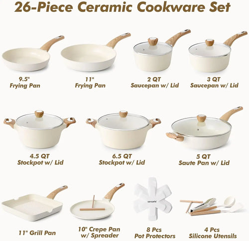 26-Piece Ceramic Nonstick Cookware Set, Induction Compatible Pots and Pans for Healthy Cooking