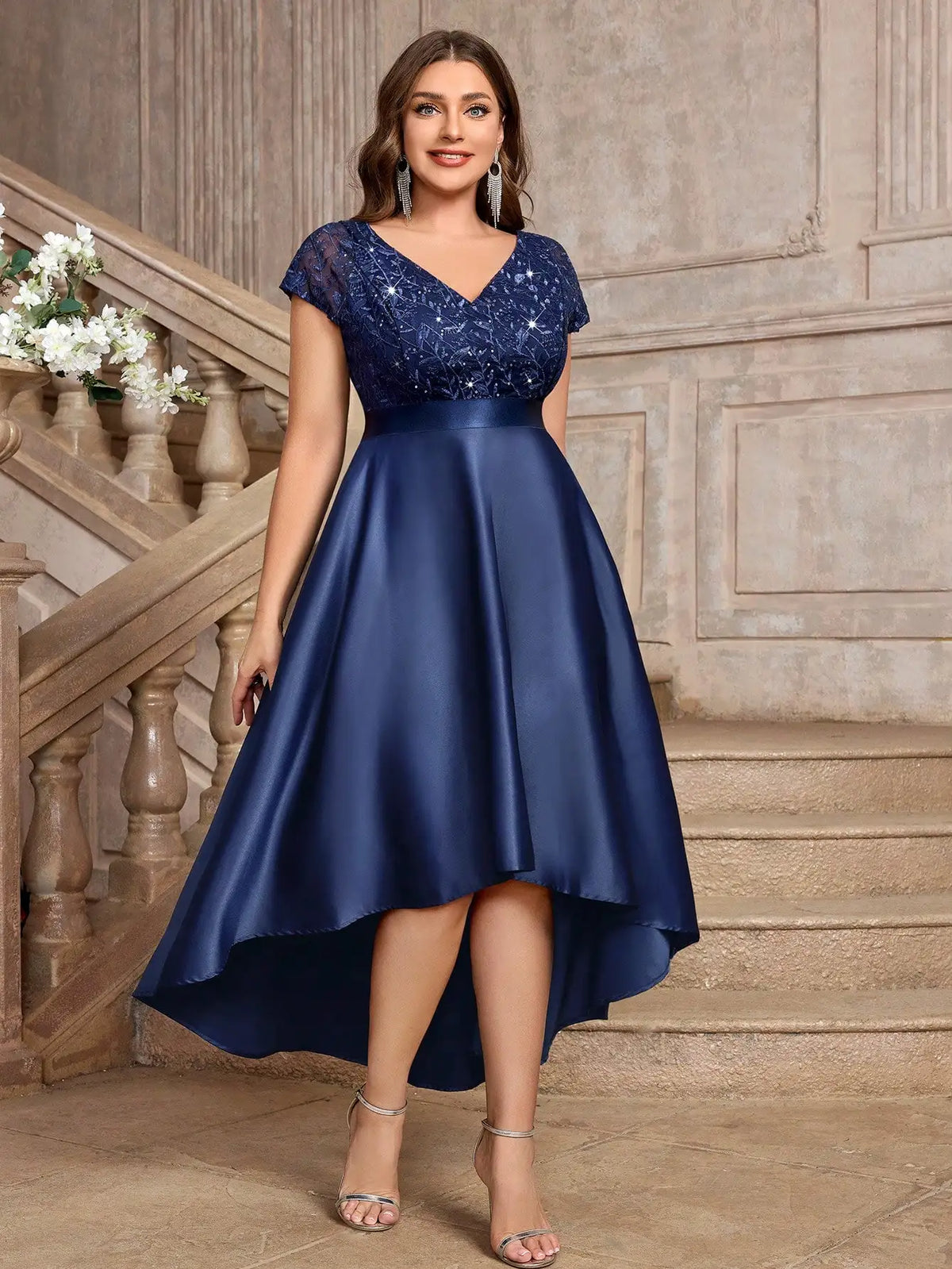 Plus Size V-Neck Sequin Embroidery Satin High-Low A-Line Formal Dress
