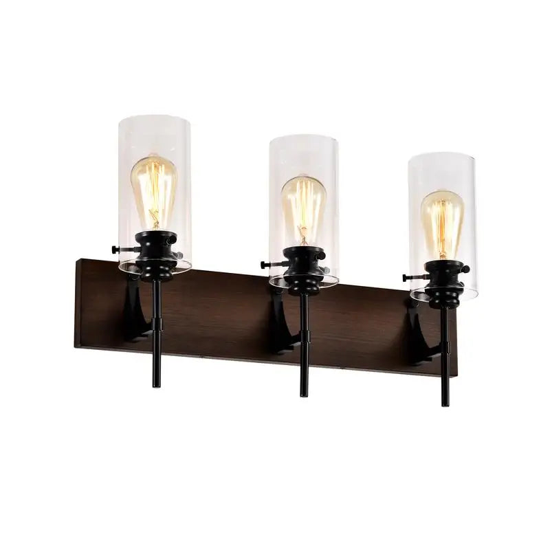 3-Light Matte Black and Wood Vanity Light Fixture, Modern Bathroom Lighting with Glass Shade for Mirror, Kitchen, Dining Room,