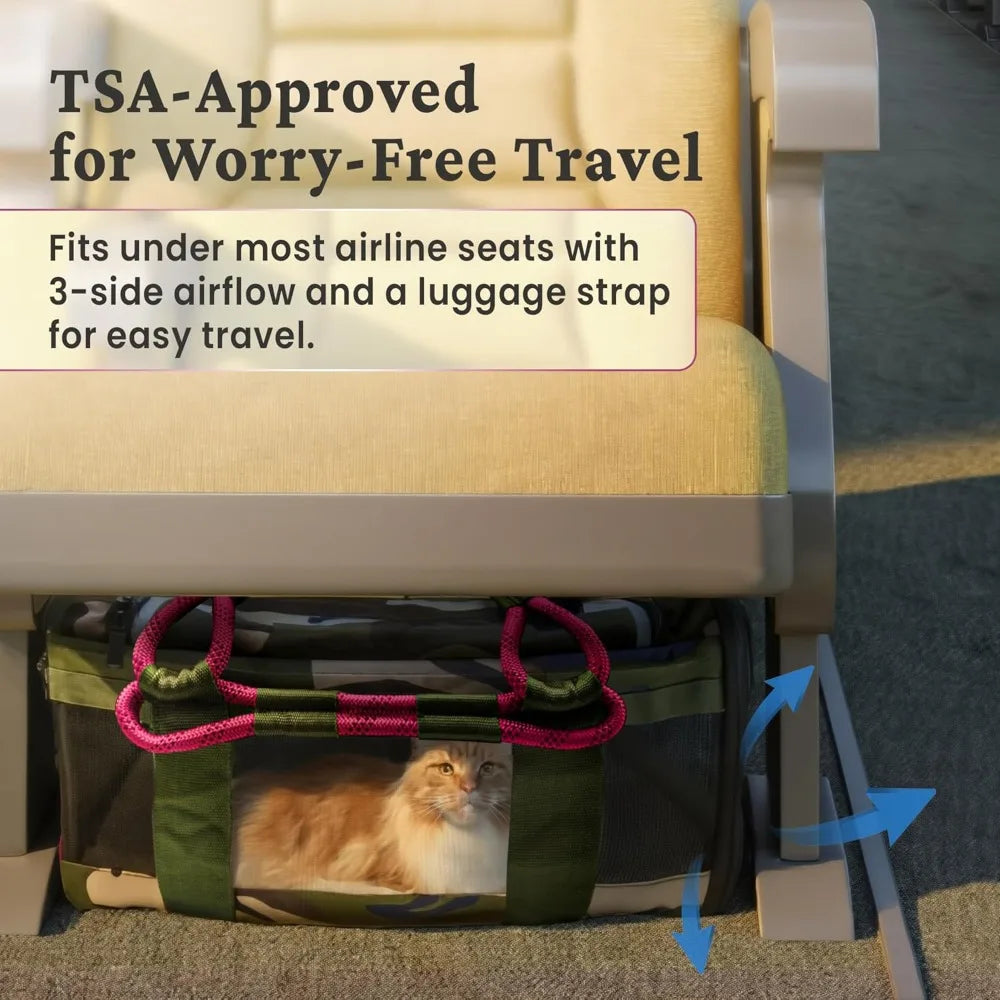 Soft Sided Pet Carrier, Cat Carrier, Dog Carrier, Pets Up to 15 lbs, Leash & Luggage Strap, Camo Pin