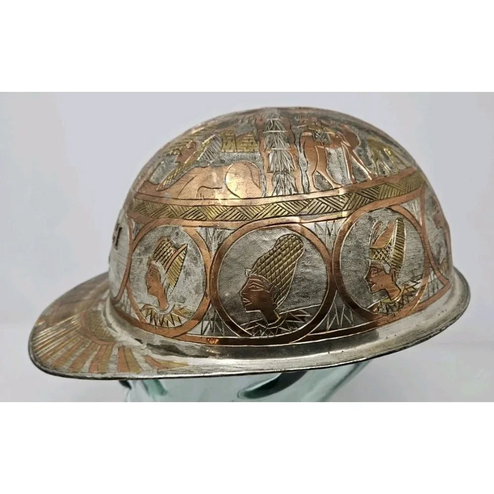 Egyptian Design Hammered Etched Engraved Brass Hard Hat Helmet Copper Vintage