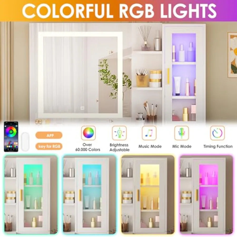 51.8" White Vanity Desk Mirror LED 3 Color RGB 8 Drawers Charging Station Stool Shelves Bedroom Makeup Table, Customized