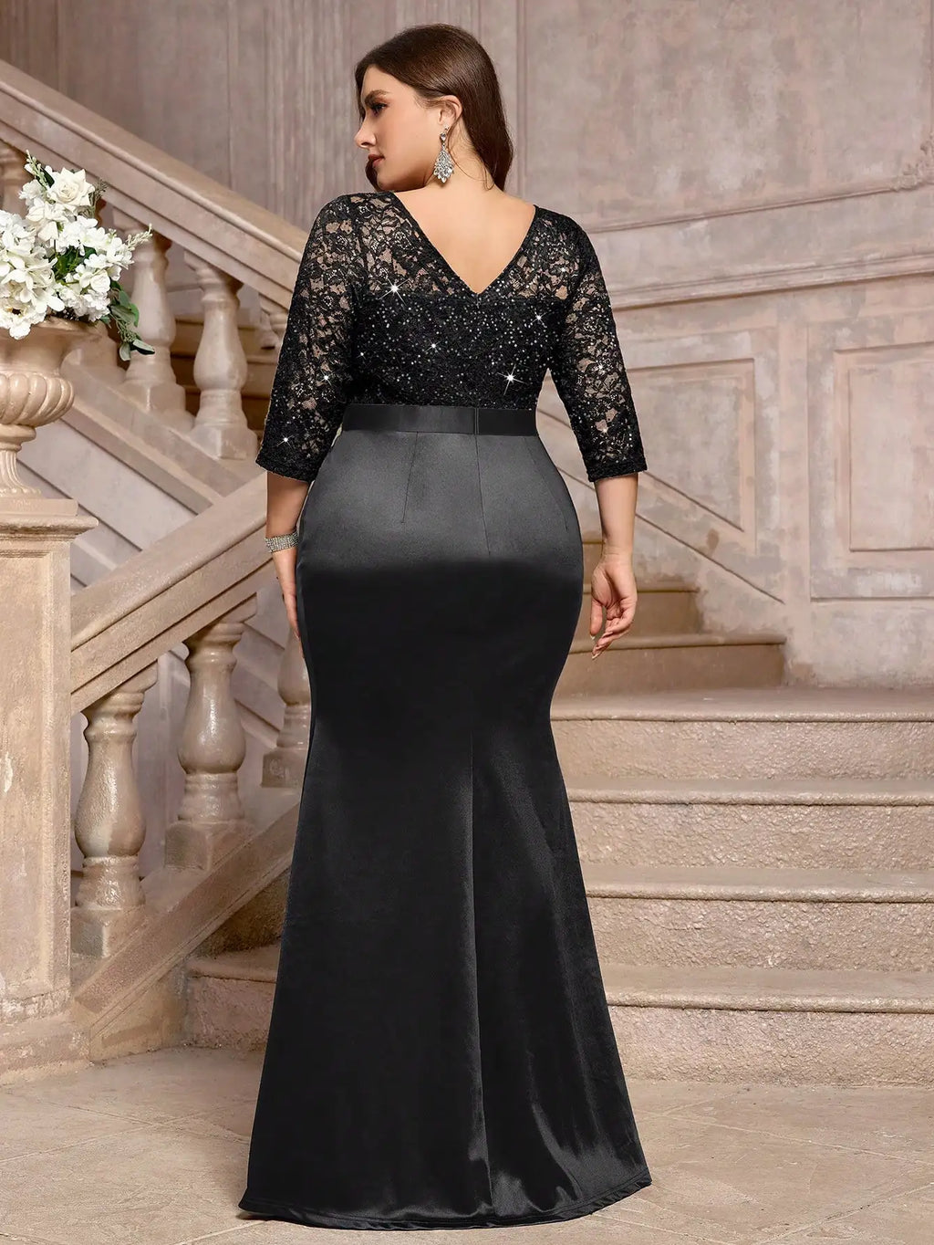 Sequin Floral Lace Ruffle Satin Maxi Dress For Evening Wedding Guest Gala