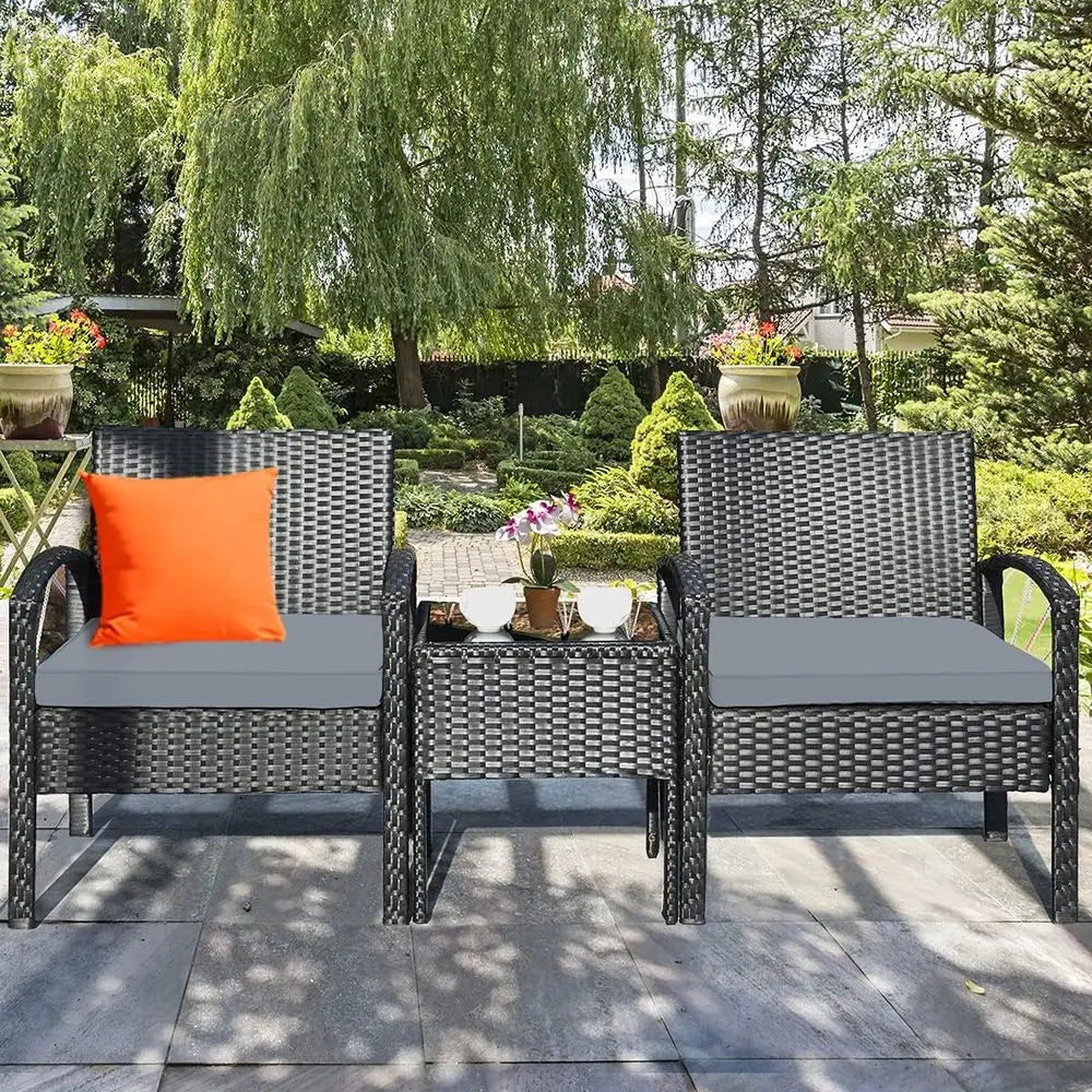 Grey Outdoor Patio Furniture Set: 3-Piece Rattan Sectional with 2 Chairs & Coffee Table for Garden, Balcony, Backyard, Poolside