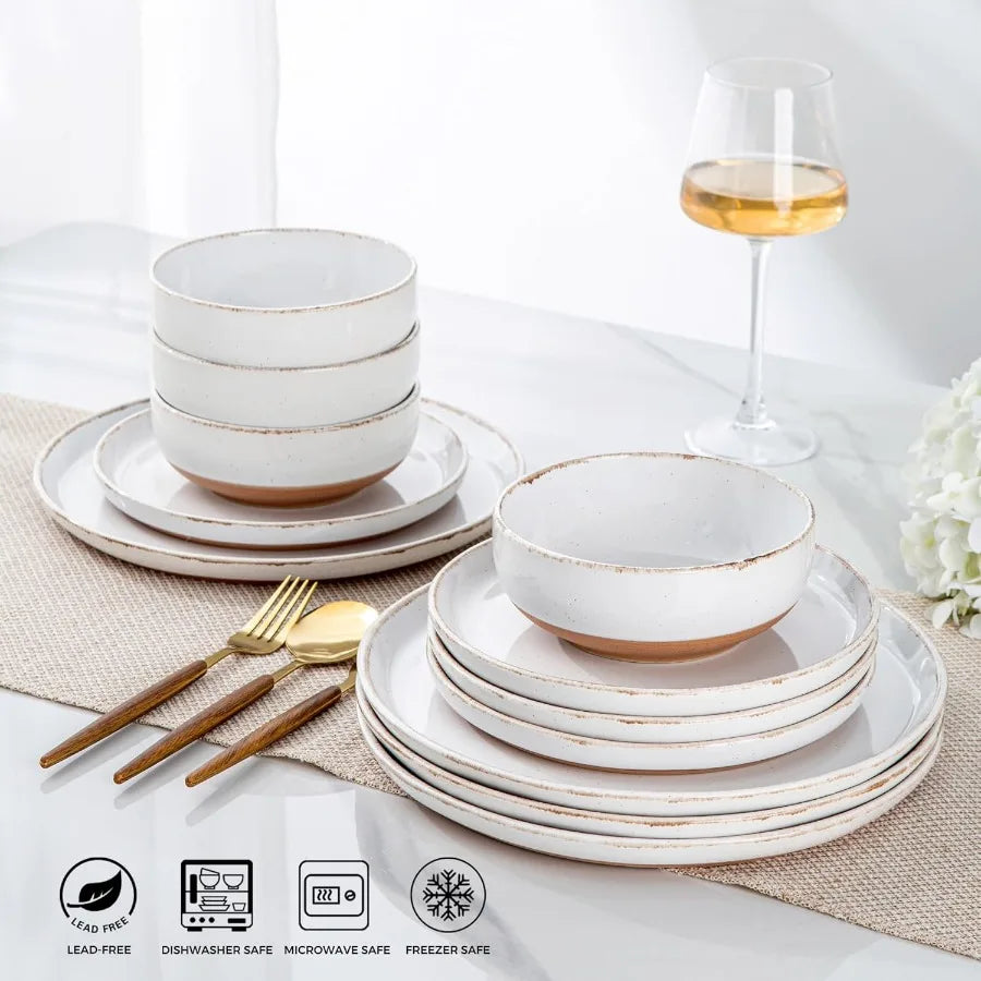 24 Pieces Ceramic Dinnerware Sets for 8 Handpainted Stoneware Plates and Bowls Set with Rustic Terracotta Underside Scratch Res
