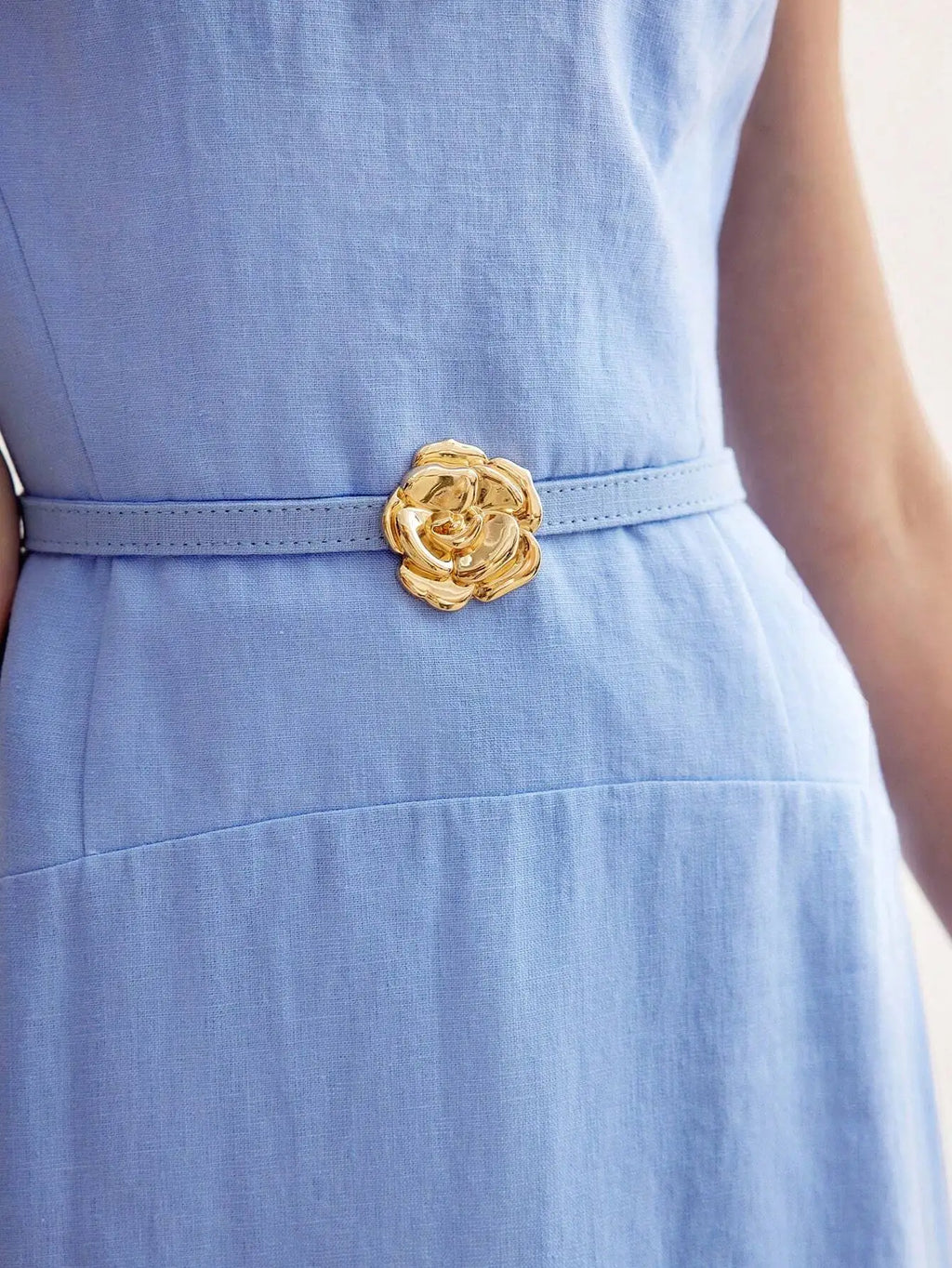 Linen Solid Color Floral Belted Midi Dress Summer Elegant Outfit