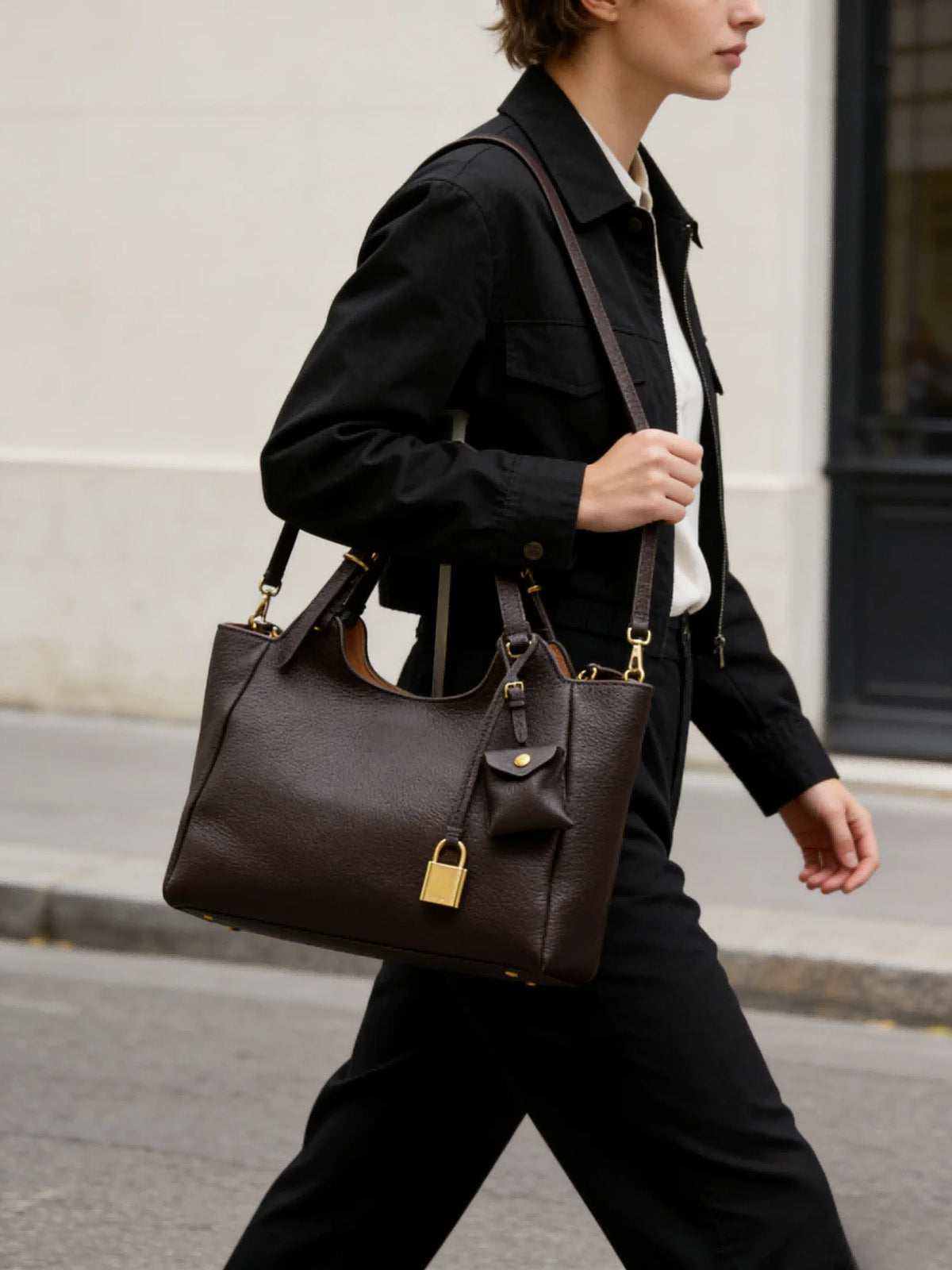 Women Dark Brown Lock Closure Shoulder Bag, Minimalist Structured Handbag for Work, Travel and Everyday Use