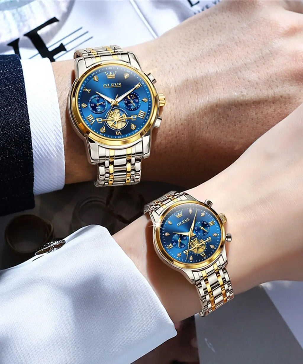 His and Her Matching Couple Watch Set with Diamond Accents, Romantic Valentine's Day Gift for Men and Women