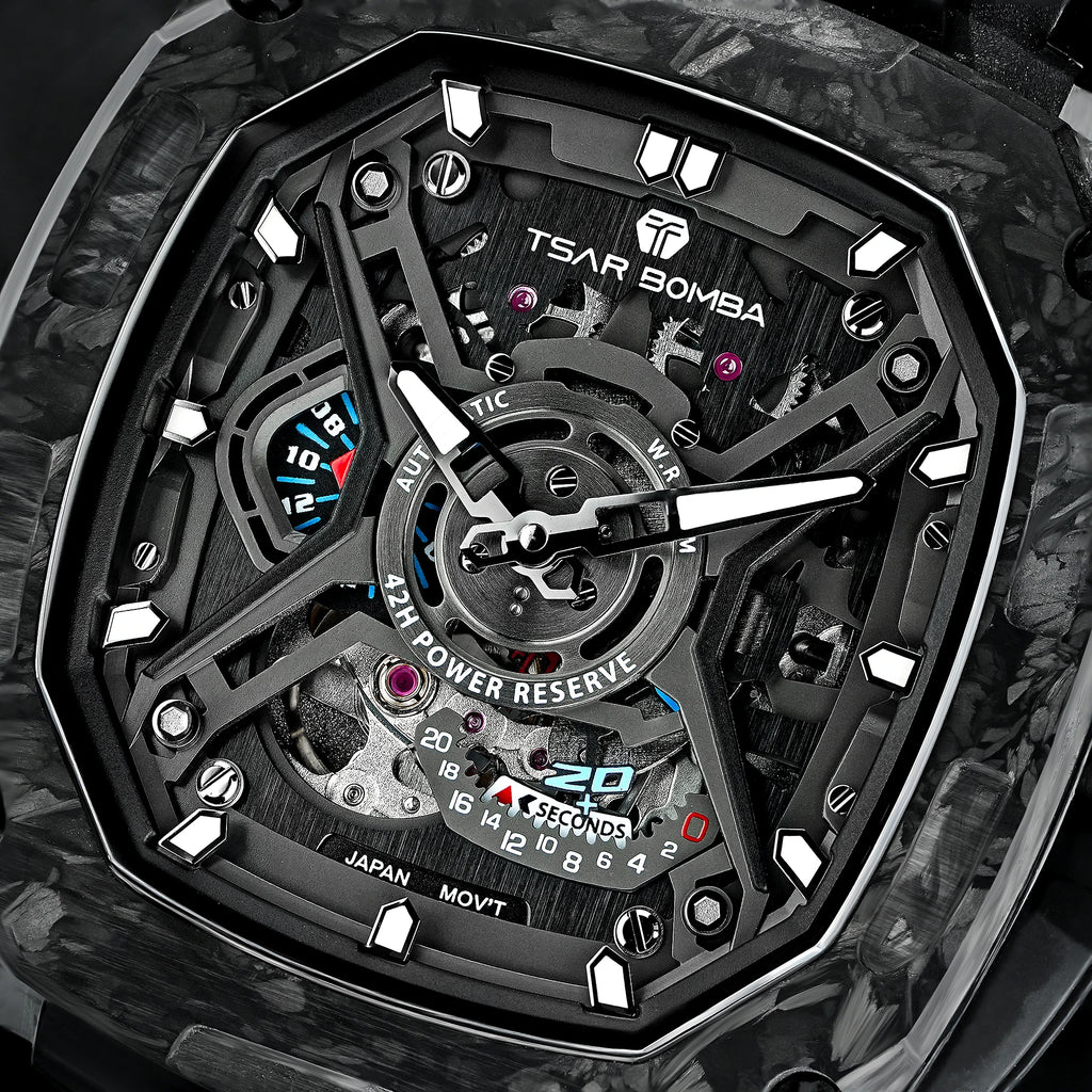 TSAR BOMBA Men's Luxury Mechanical Watch, Carbon Fiber Case, Luminous, 5ATM Waterproof, Viton Strap, Ideal Gift for Men