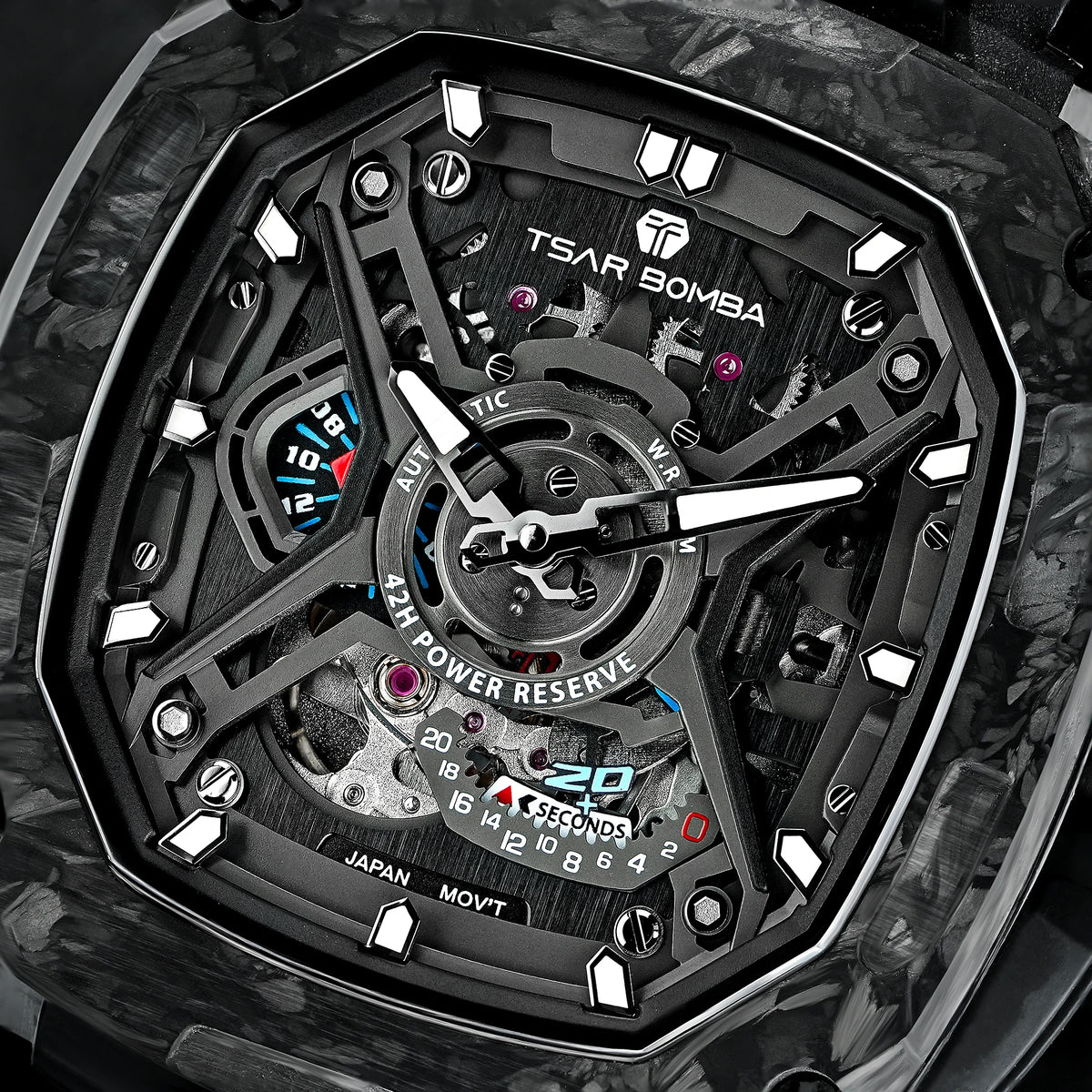 TSAR BOMBA Men's Luxury Mechanical Watch, Carbon Fiber Case, Luminous, 5ATM Waterproof, Viton Strap, Ideal Gift for Men