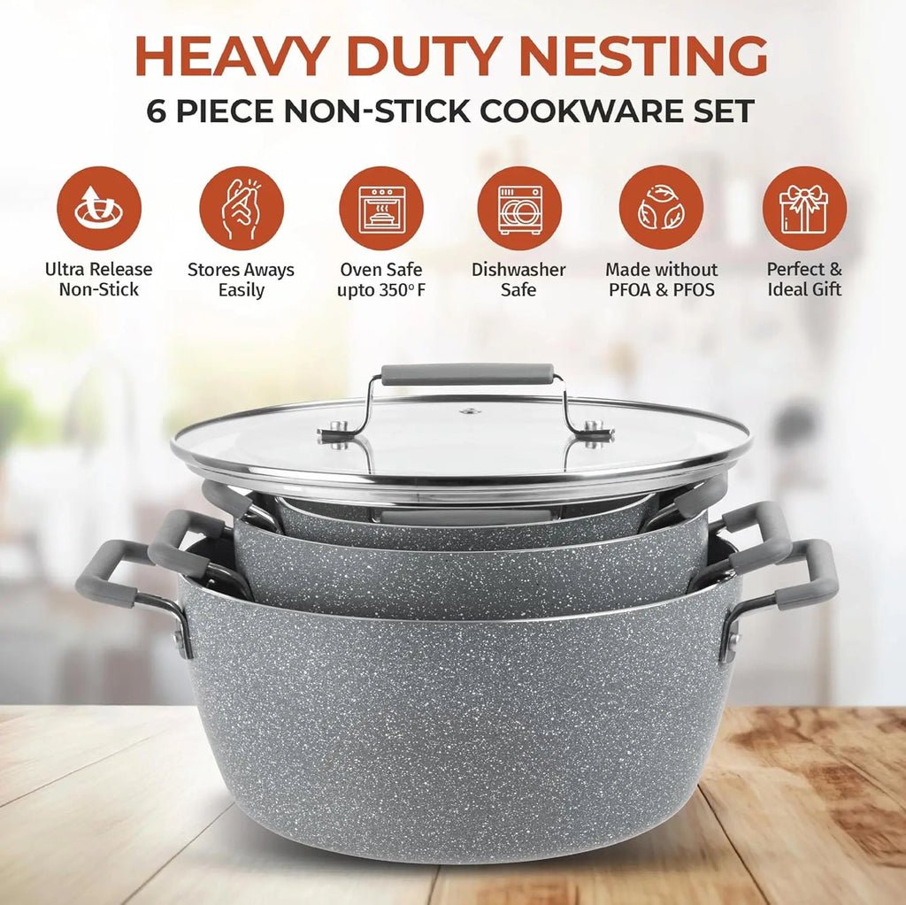 Nonstick Stackable Cooking Pots Set, 6-Piece Gray Granite Coating, Space-Saving Kitchen Cookware with Lids for Home Chefs