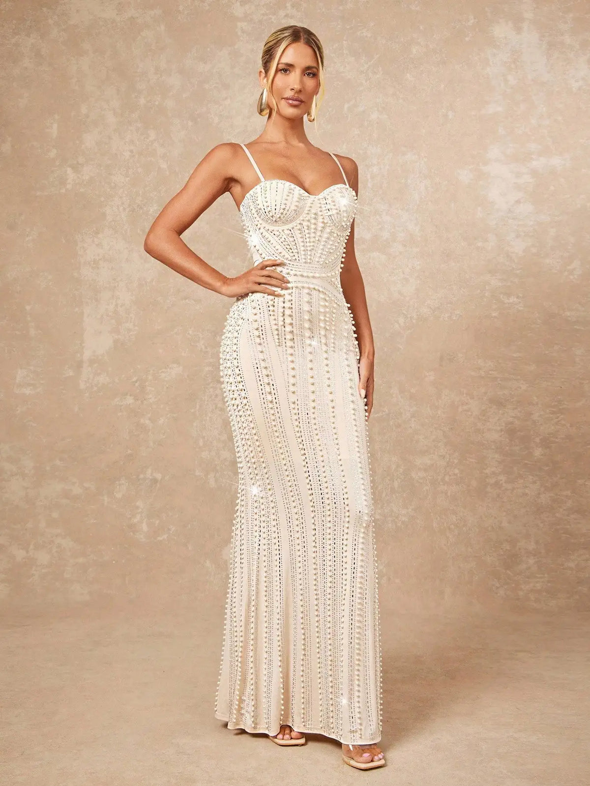 Elegant Faux Pearl And Rhinestone Bustier Maxi Dress For Party Gala Wedding