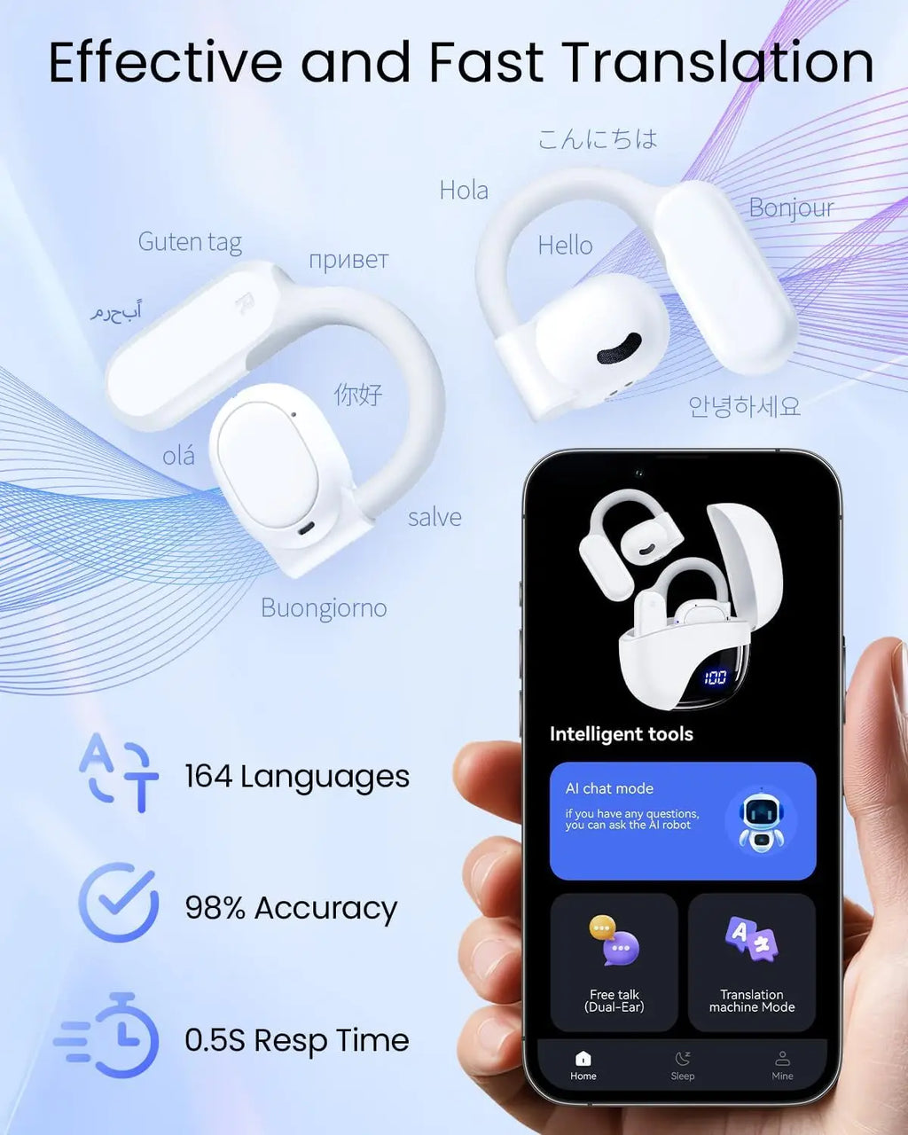 AI Translation Earbuds Real-Time 164 Languages 80H Playtime Wireless Bluetooth for Travel Business