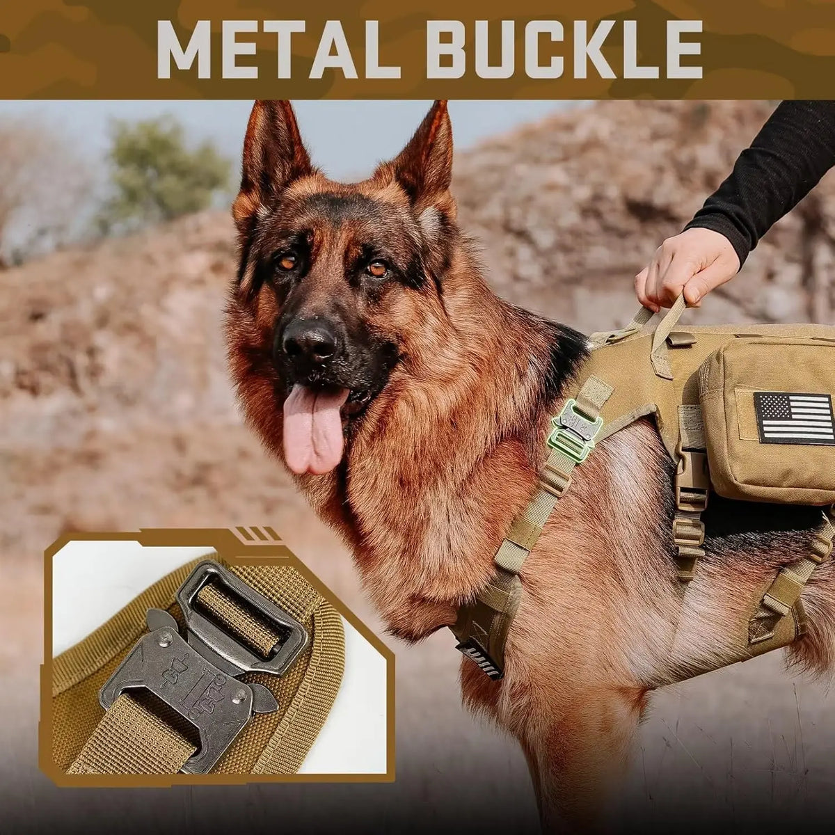 Tactical Dog Harness Set with Bungee Leash, Adjustable for Medium to Large Dogs, No-Pull Control, Khaki Color