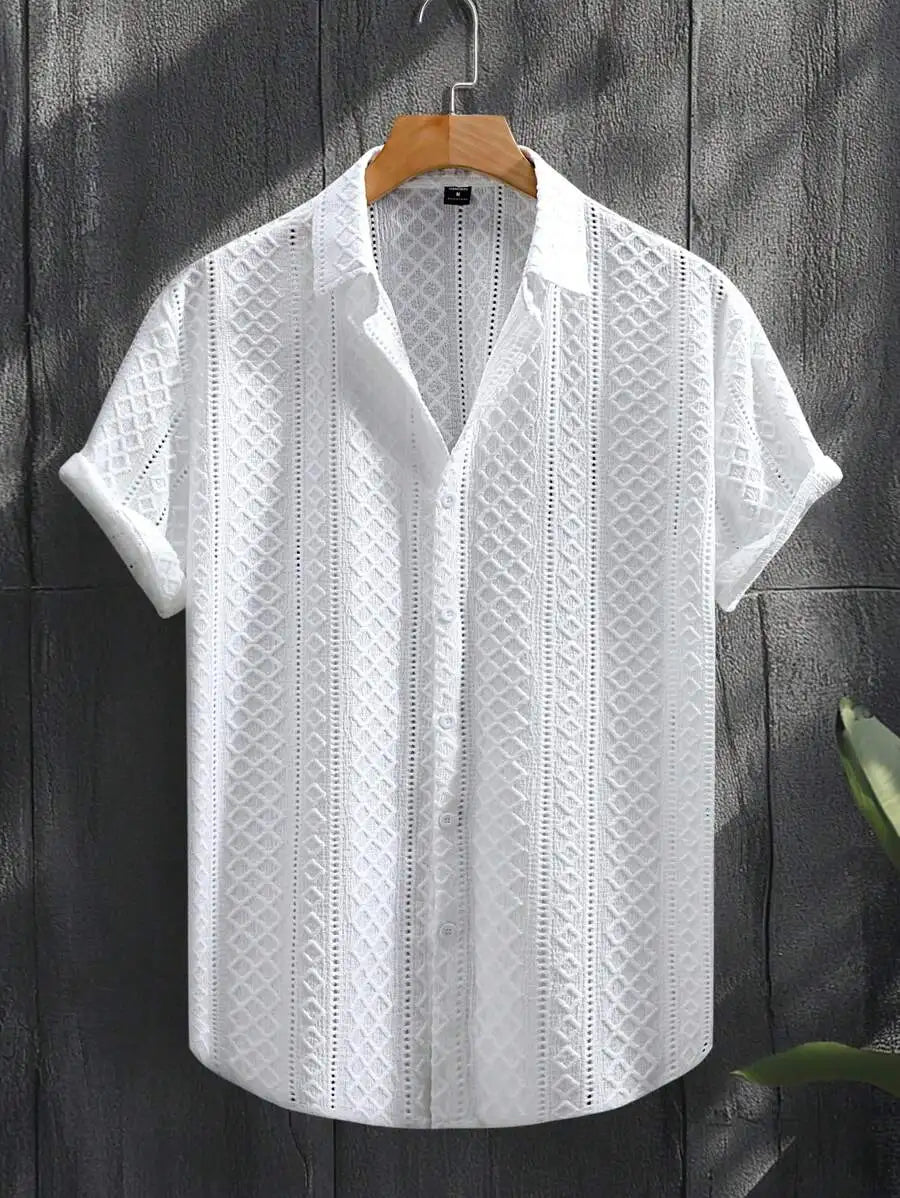 Men's Casual Short Sleeve Shirt with Textured Diamond Pattern, Lightweight Breathable Fabric for Summer Vacation