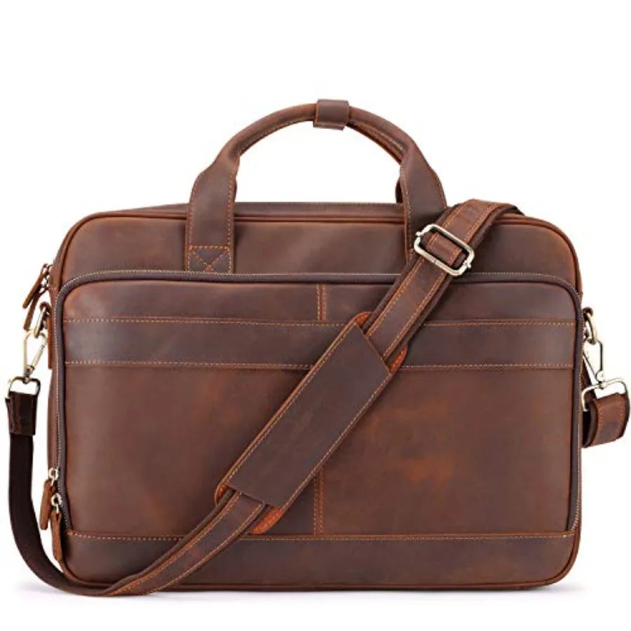 Full Grain Leather Briefcase for Men Business Messenger Bag Laptop Case Fits 15.6 Inch Laptop Brown Premium Quality Durable Des