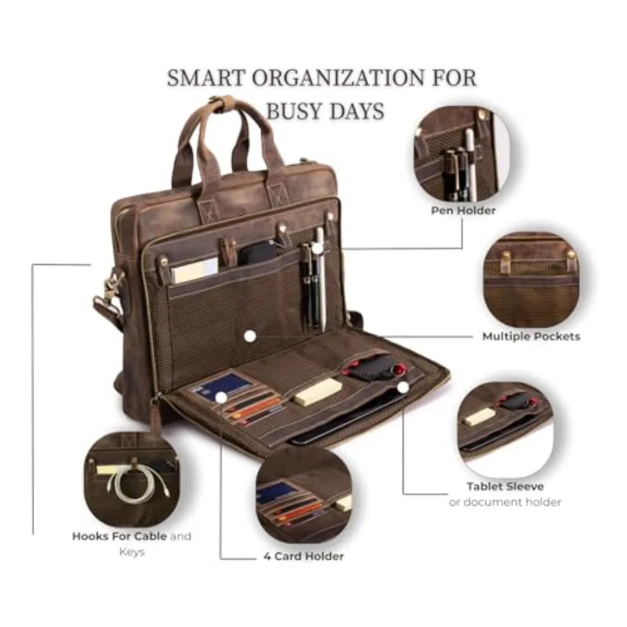 Leather Messenger Bag for Men - Laptop Case Office Briefcase Computer Satchel for Laptops in Brown with Premium Leather Materia