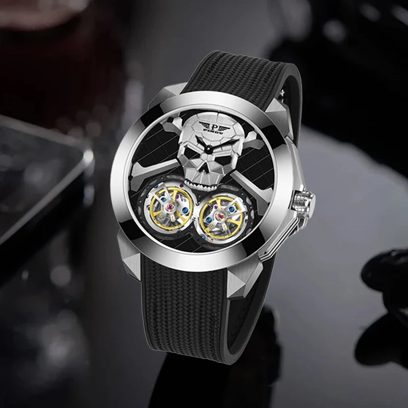 PINDU Punk Skull Double Flywheel Design Sapphire Man Watch Hollow Automatic Mechanical Waterproof Men's Automatic Wristwatch Men
