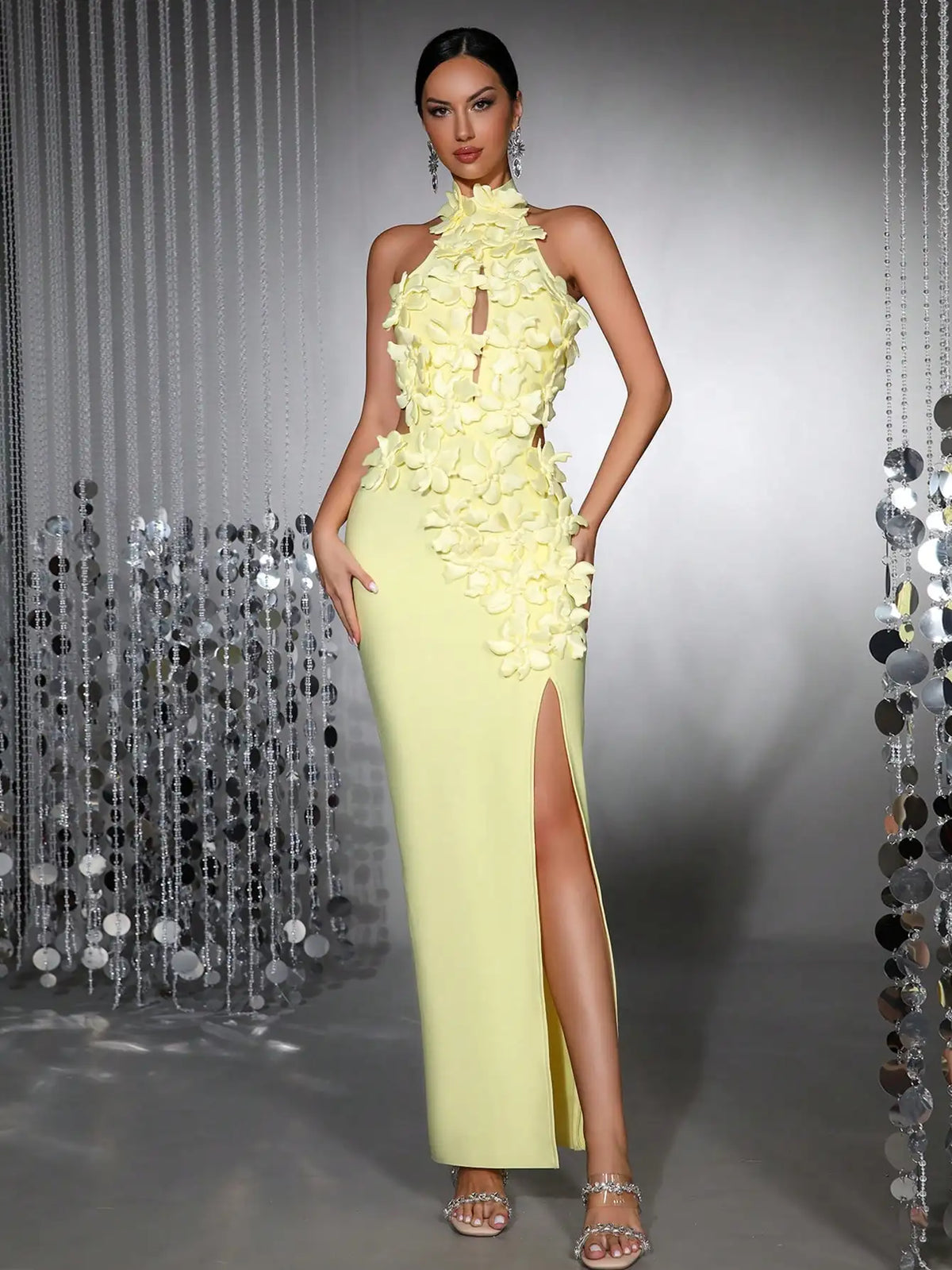 Elegant 3D Floral Halter Sleeveless High Slit Bandage Maxi Dress For Evening Party Wedding