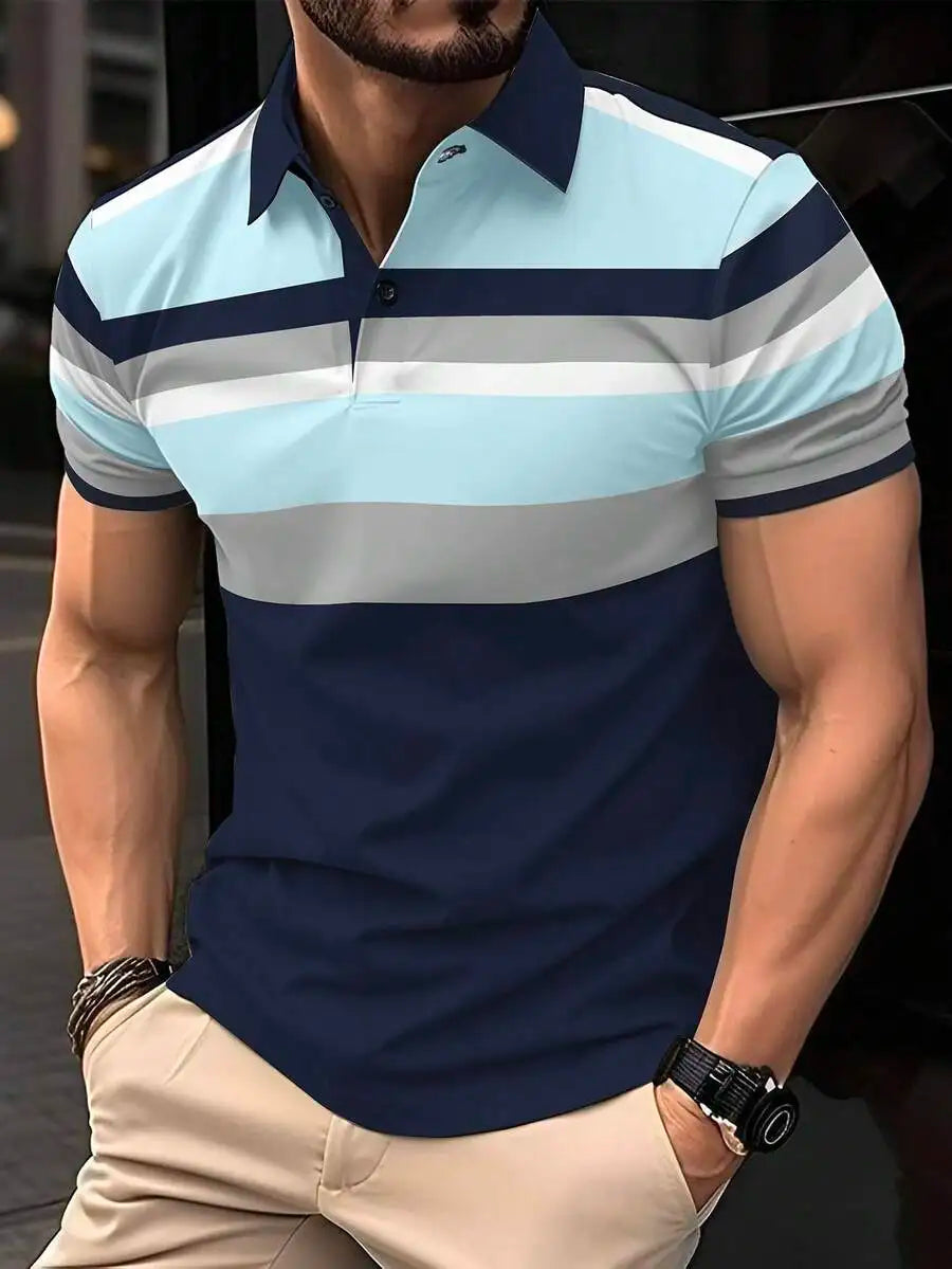 Men's Short Sleeve Striped Polo Shirt in Navy, Red, White & Gray