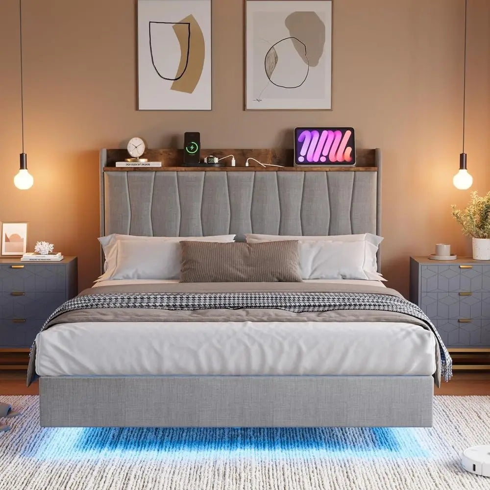GarveeHome loating Bed e King with LED Lights & USB Charging Station – ern Upholstered Platorm Bed with board, Solid Wood Slats