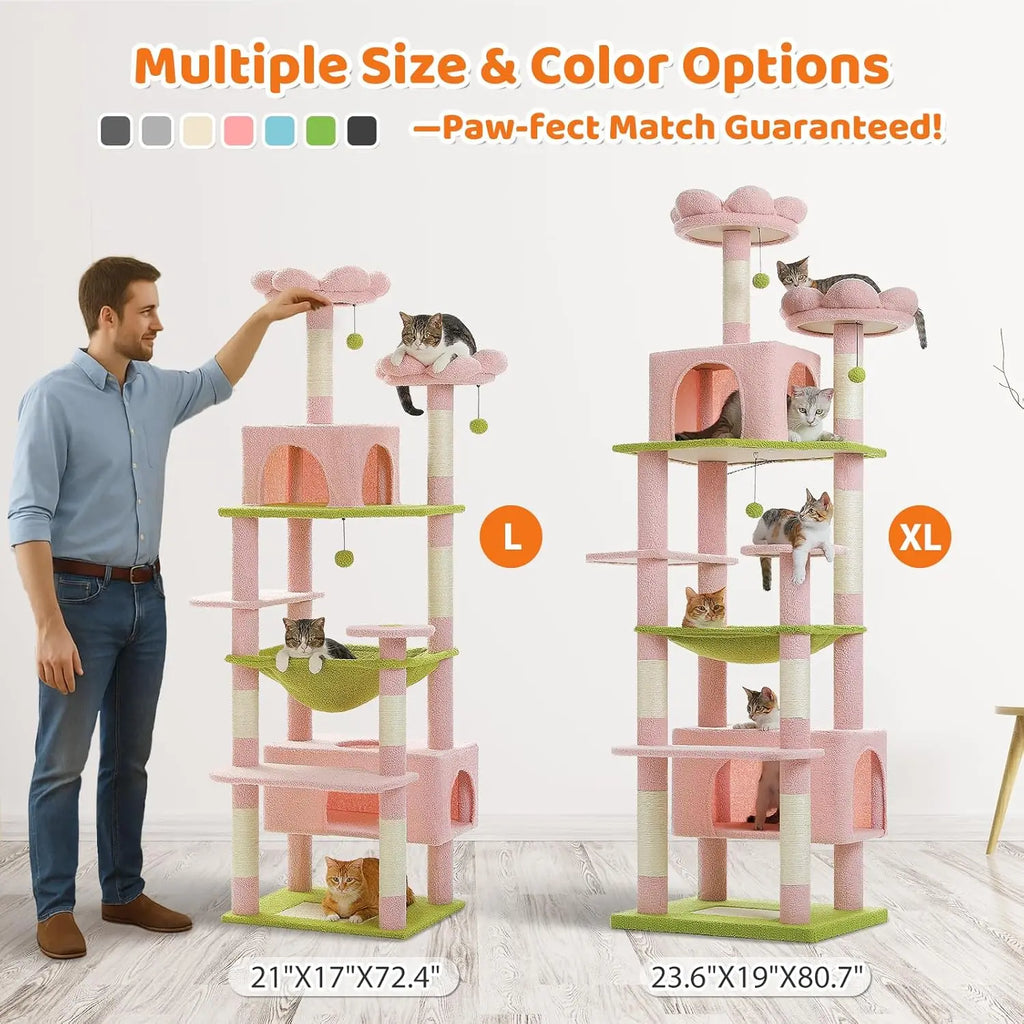 72-Inch Large Cat Tree with Steel Frame Hammock, 7 Scratching Posts, 2 Condos, Perches for Indoor Cats - Pink