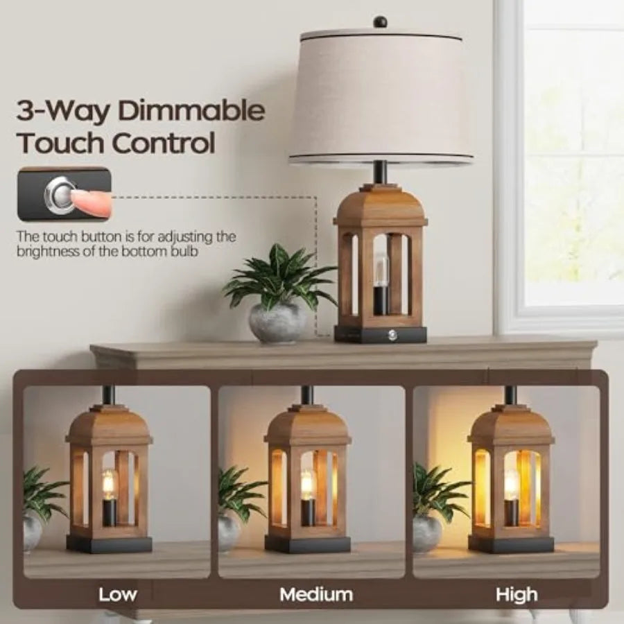 Table Lamp for Living Room Farmhouse Lamps with USB A+C and Nightlight 26" Rustic Bedside Lamps with 3-Way Dimmable Touch Contr