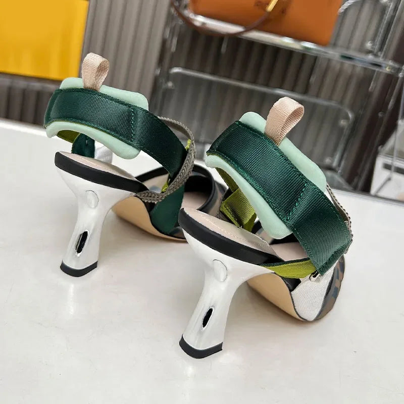 Mesh Fabric Slingbacks Women Designer Pumps Flat Sandals Colorful Hollow Out Women Slingback Metal High Heels Shoes Dress Shoes