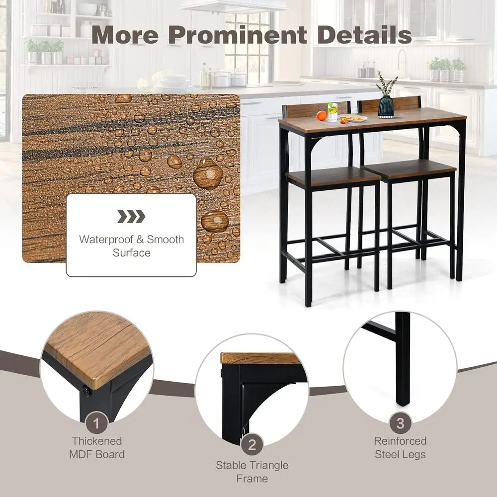 Industrial-Style 3-Piece Bar Table Set with Heavy-Duty Steel, Ideal for Pub, Kitchen, or Dining Area, Easy Assembly