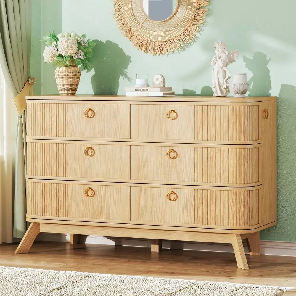 6 Drawer Dresser for Bedroom, 43 Modern Chest of Drawers with Metal HandlesampWood Legs, Curved Profile Design, Rattan Dresser f