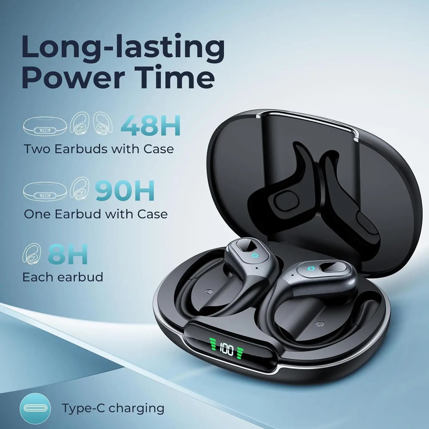 Active Noise Cancelling Wireless Bluetooth Earbuds with 90Hrs Playback, IPX7 Waterproof Over-Ear Hooks for Sports Running Gym