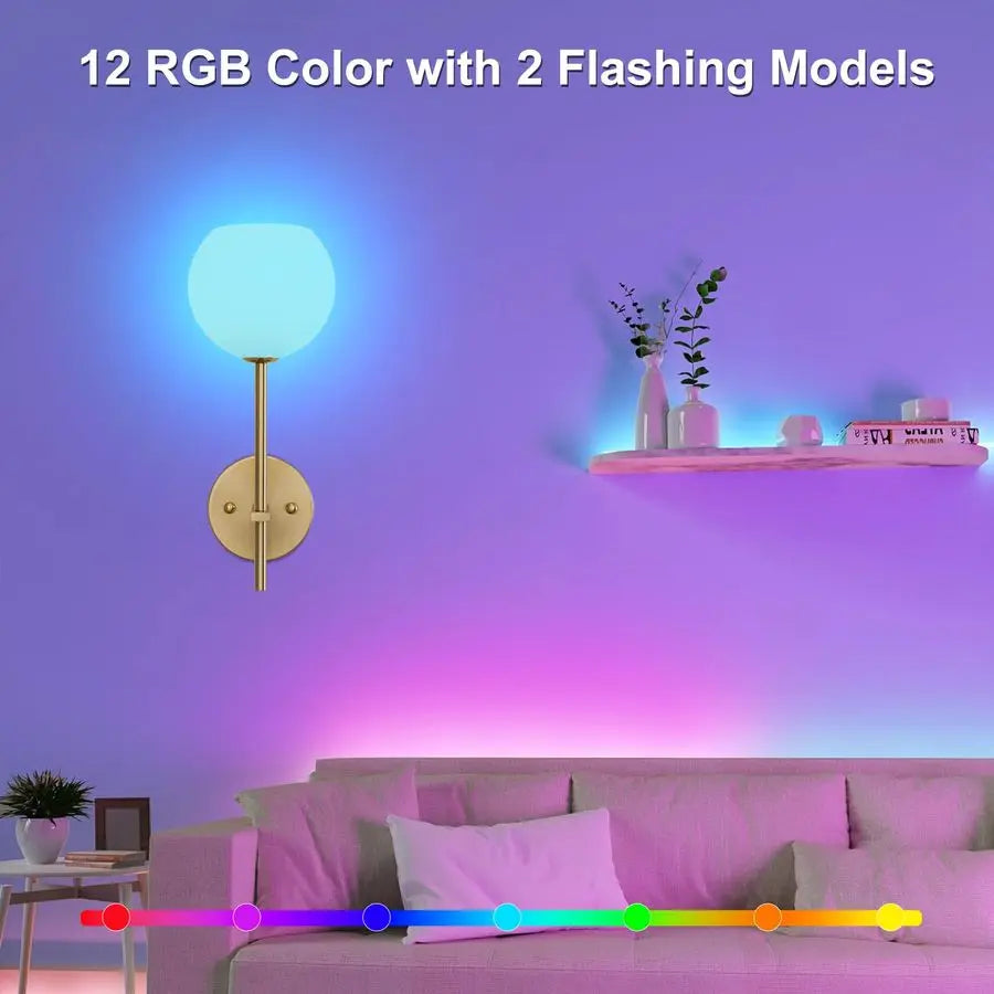Battery Operated Wall Sconces Set of 2, Rechargeable Wireless Wall Lights with Milky White Frosted Glass Shade, 12 RGB and 3CCT