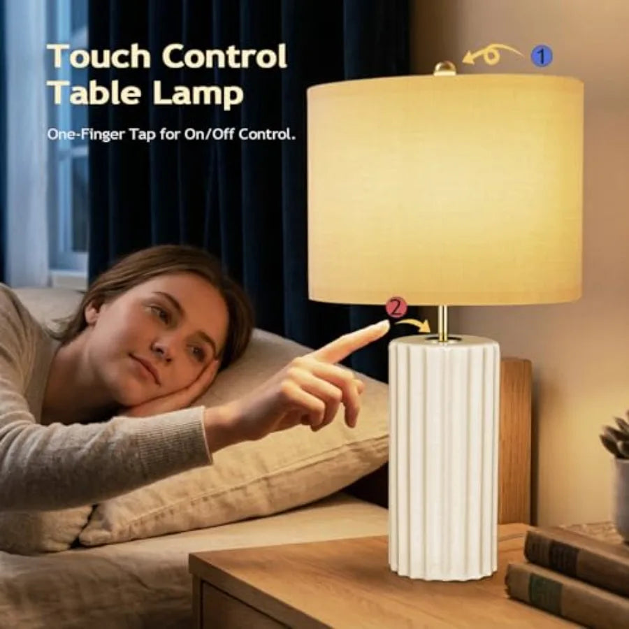 21" Modern Ceramic Table Lamp Set of 2 for Bedroom Touch Control White Desk Lamps for Living Room Farmhouse Bedside Lamps for N