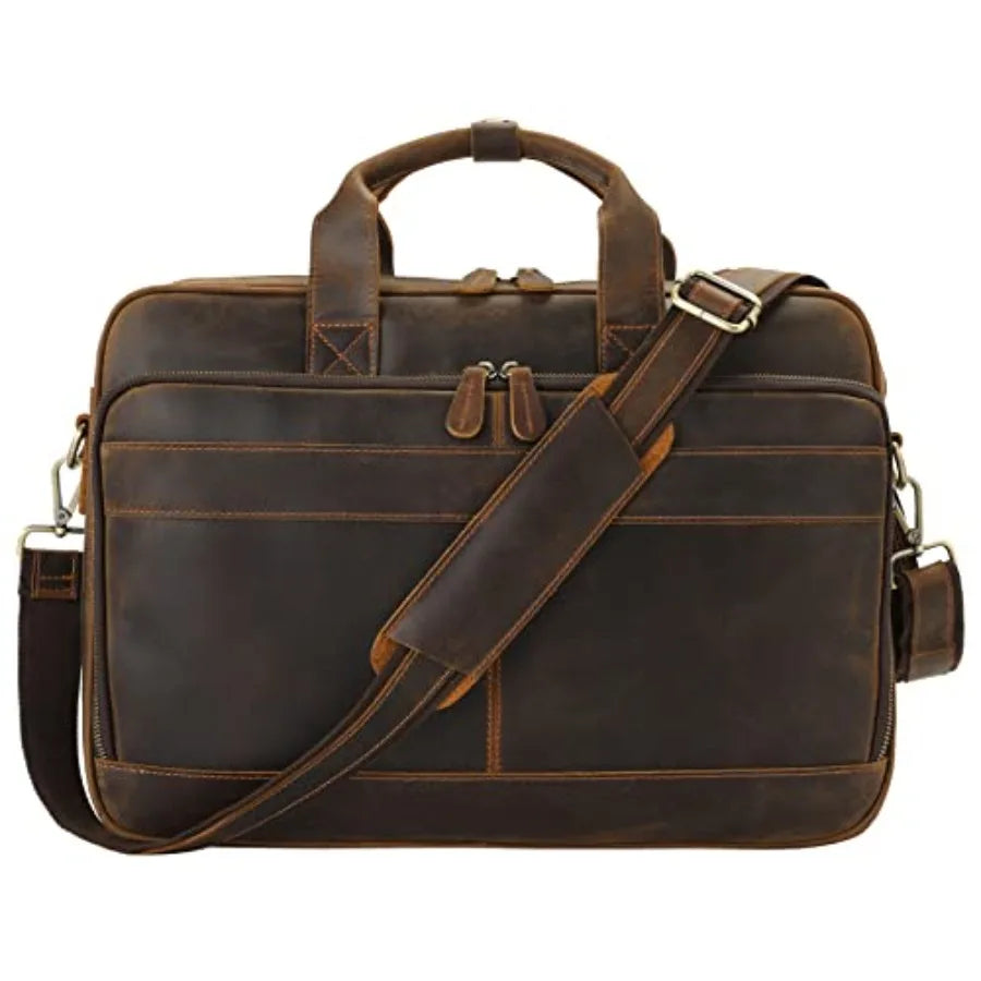 Full Grain Leather Briefcase for Men Business Messenger Bag Laptop Case Fits 15.6 Inch Laptop Brown Premium Quality Durable Des