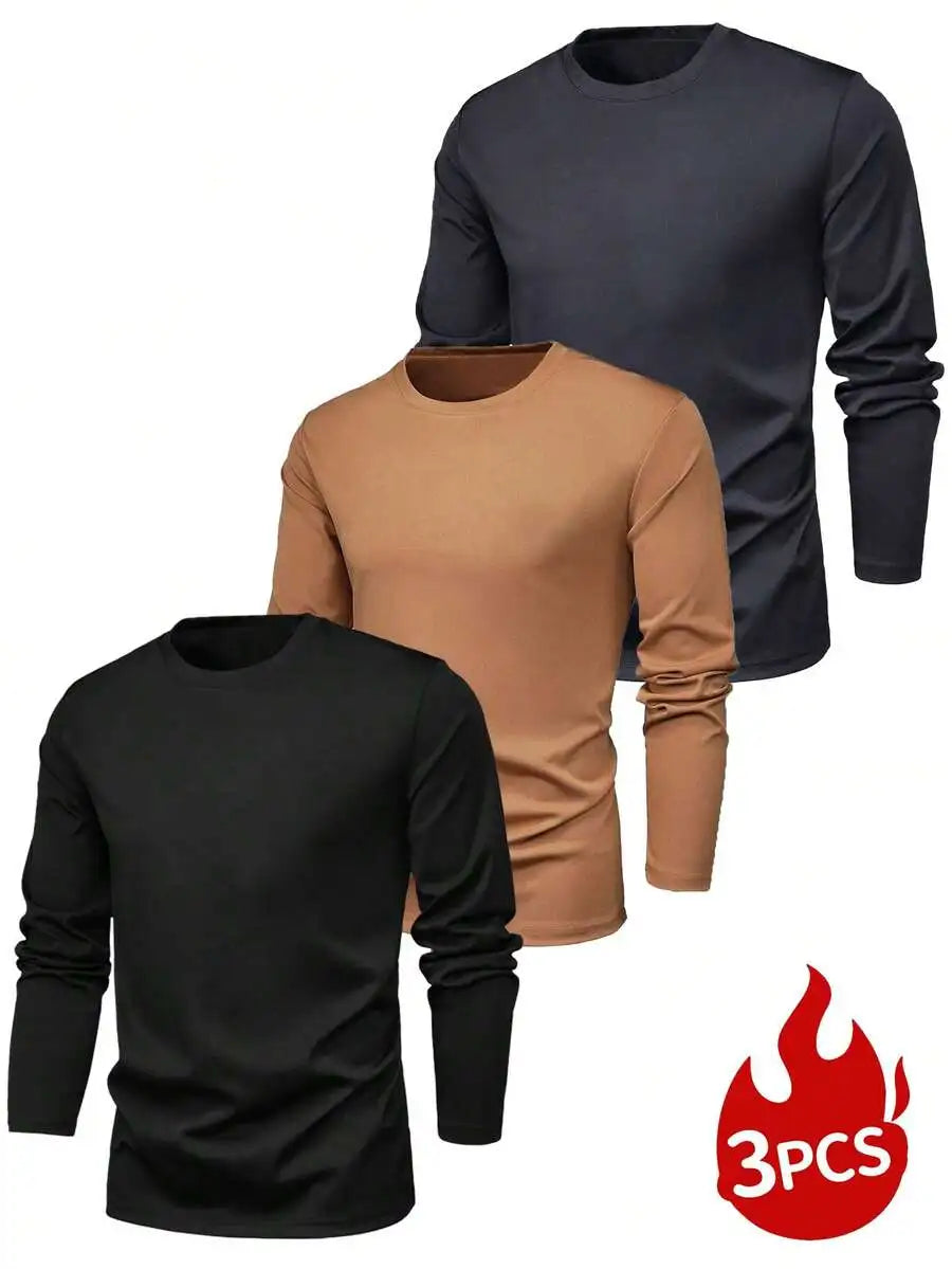 3-Pack Men's Solid Color Round Neck Slim Fit Long Sleeve T-Shirts for Casual Daily Wear