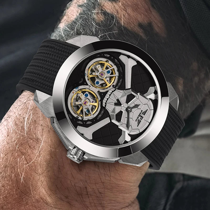 PINDU Punk Skull Double Flywheel Design Sapphire Man Watch Hollow Automatic Mechanical Waterproof Men's Automatic Wristwatch Men