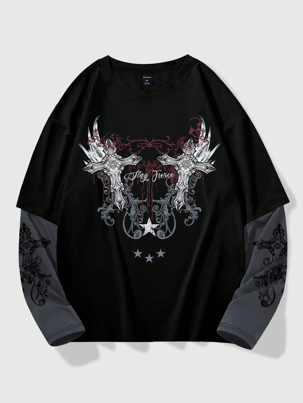 Men's Gothic Style 2-in-1 Layered T-Shirt with Cross Wing Graphic for Halloween Casual Wear