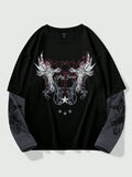 Men's Gothic Style 2-in-1 Layered T-Shirt with Cross Wing Graphic for Halloween Casual Wear