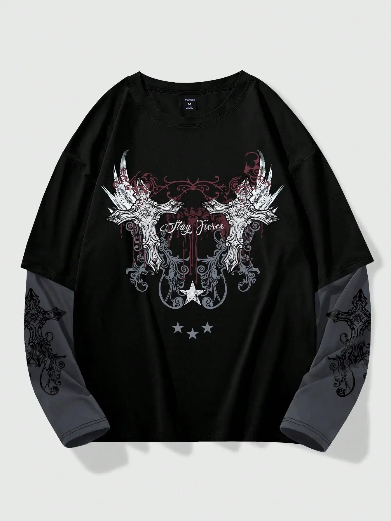 Men's Gothic Style 2-in-1 Layered T-Shirt with Cross Wing Graphic for Halloween Casual Wear