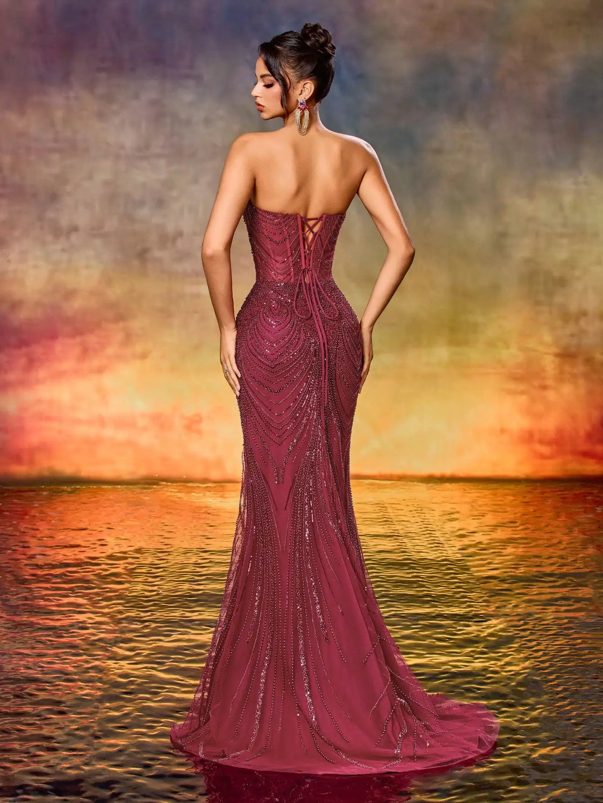 Elegant Strapless Beaded Mermaid Evening Gown For Formal Party Wedding Guest