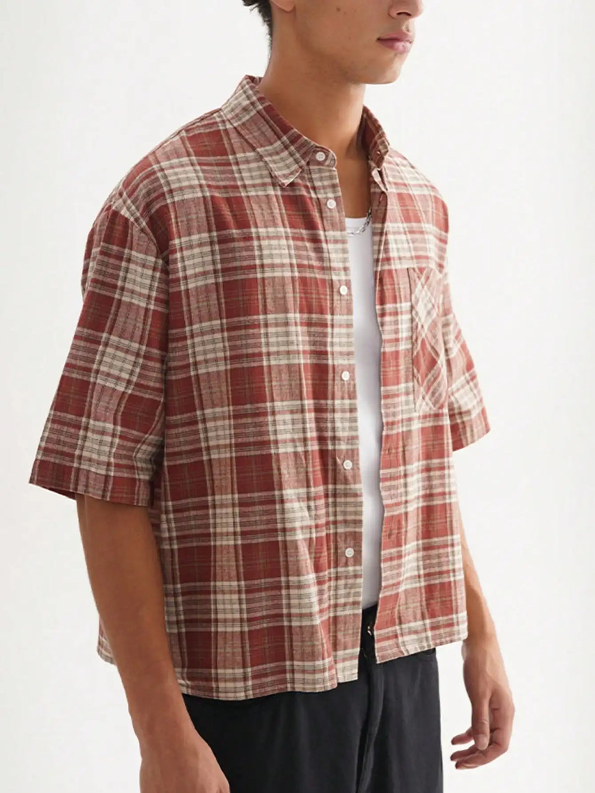 Men's Loose Fit Short Sleeve Plaid Shirt with Button Front