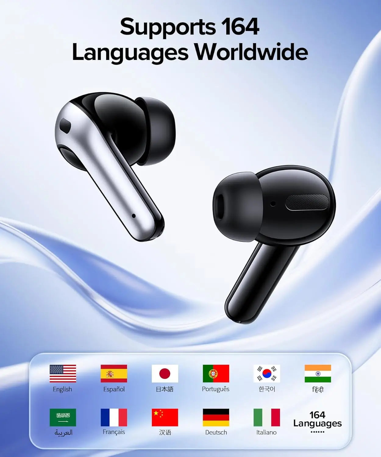 AI Translation Earbuds Real-Time 164 Languages Translator Wireless Bluetooth Headphones for Travel Meetings Learning Black