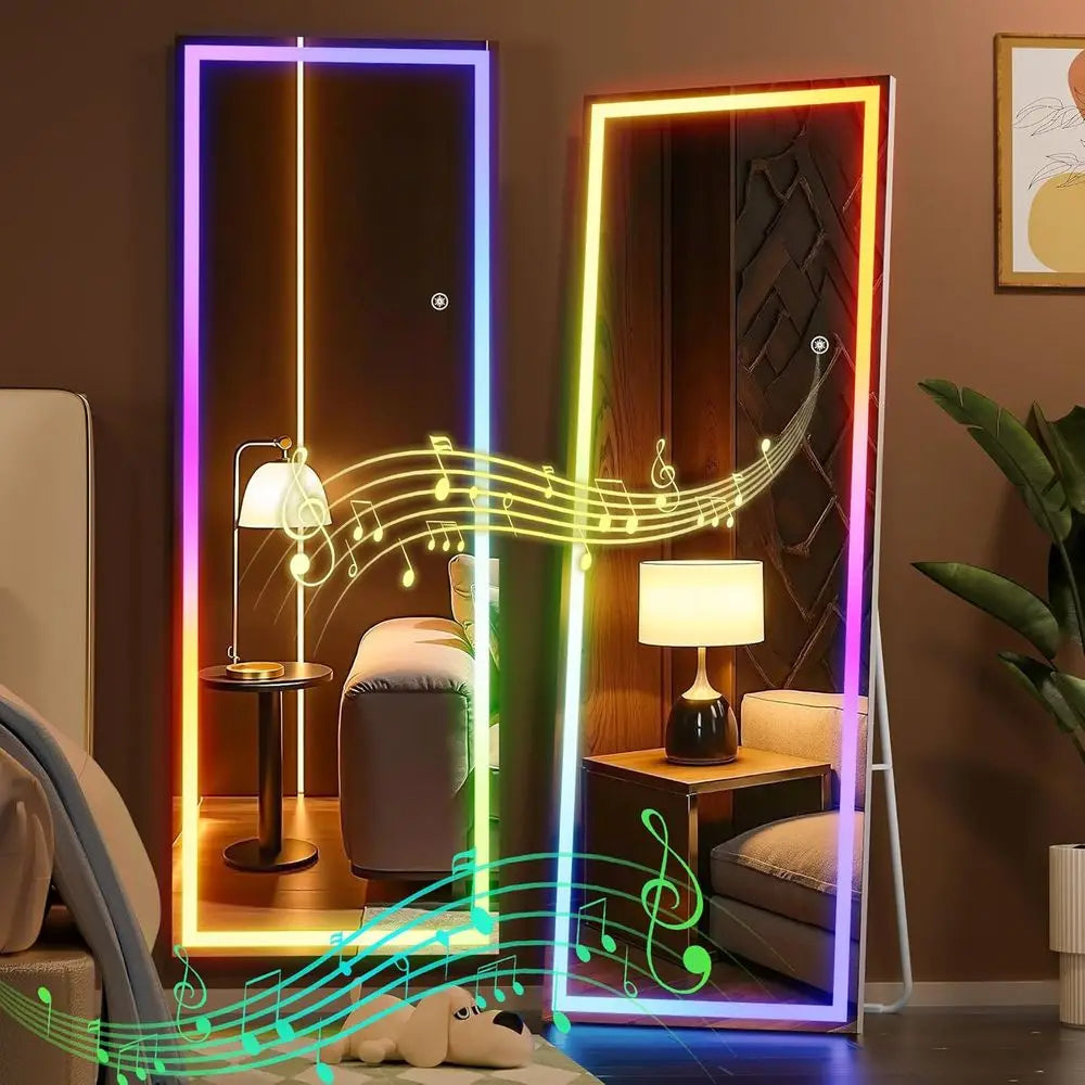 56"x16" LED RGB Bluetooth ull Length Mirror with Lights, ull Body Mirror with Stand, Wall Mount & ree Standing loor Mirror or Be