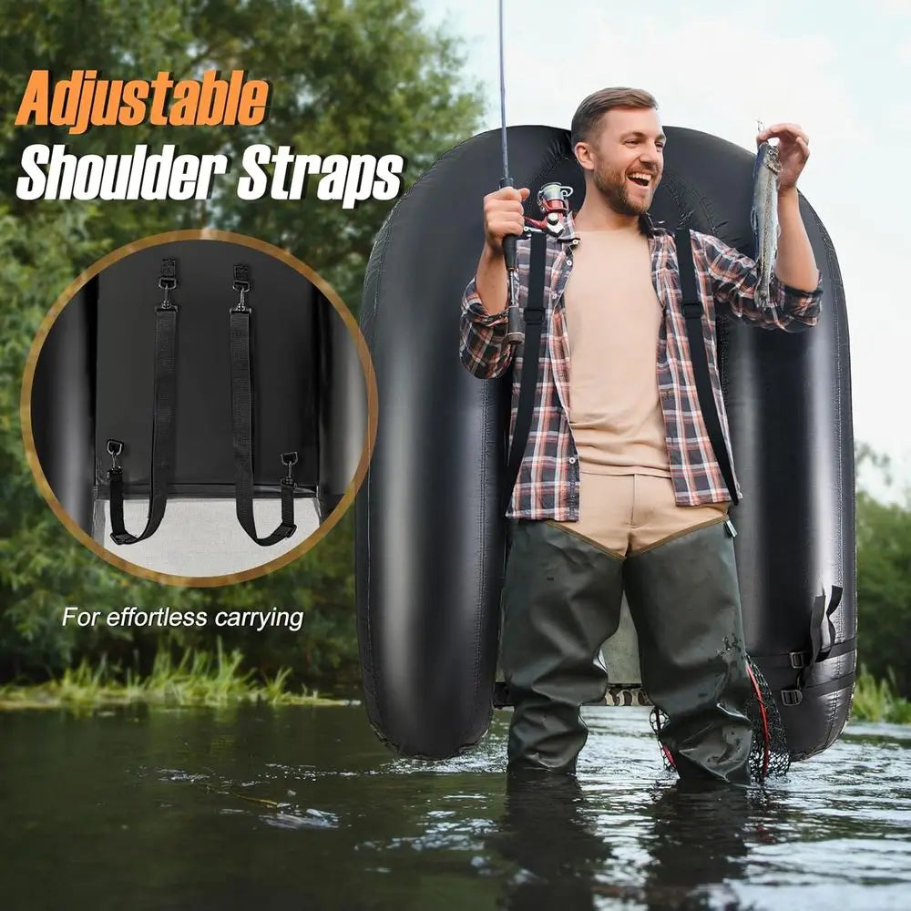 Inflatable Belly Boat with Fish Ruler, Fishing Rod Holder, Pump, Storage Bag, Flippers & Adjustable Straps, Portable Backpack Fl