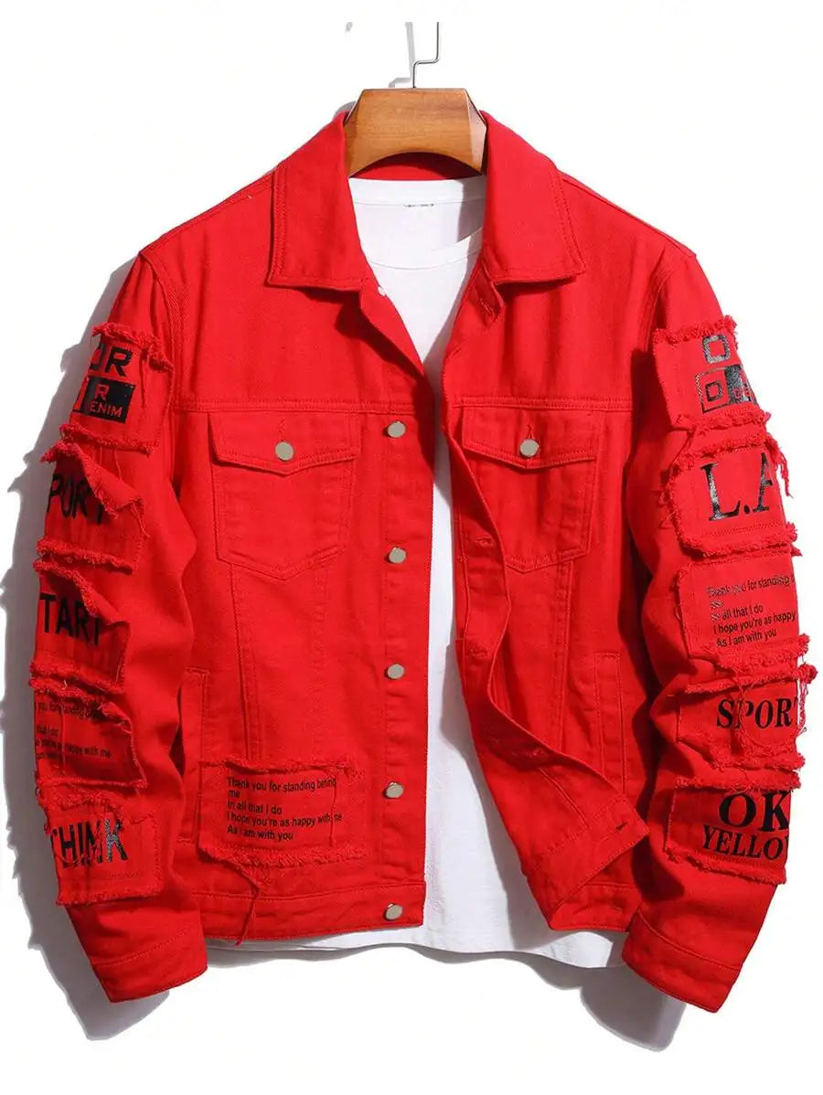 Men's Yellow Distressed Denim Jacket with Slogan Patches, Long Sleeve, Casual Fall Wear