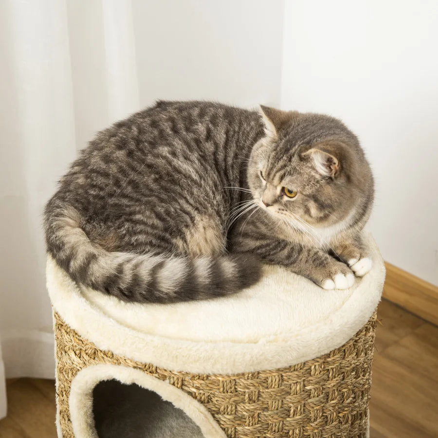 PawHut 28 Inch Cat Condo 3 Story Cat Hideaway with Sisal Scratching Pad Barrel Shaped Small Cat Tree for Indoor Cats Khaki and
