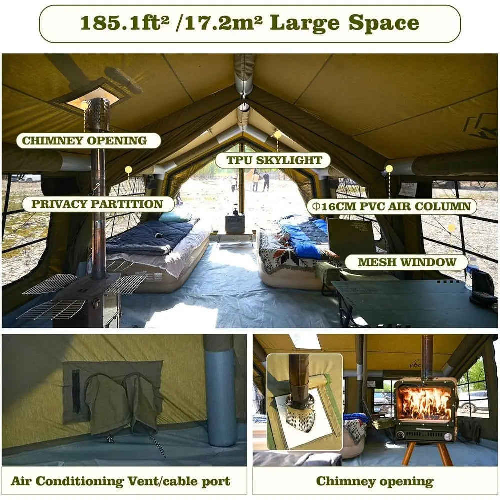 Coody Iatable Canvas Camping Tents with Stove Jack – Premium Air Beam amily Glamping Tent, Breathable Cotton Canvas, ast Setup A